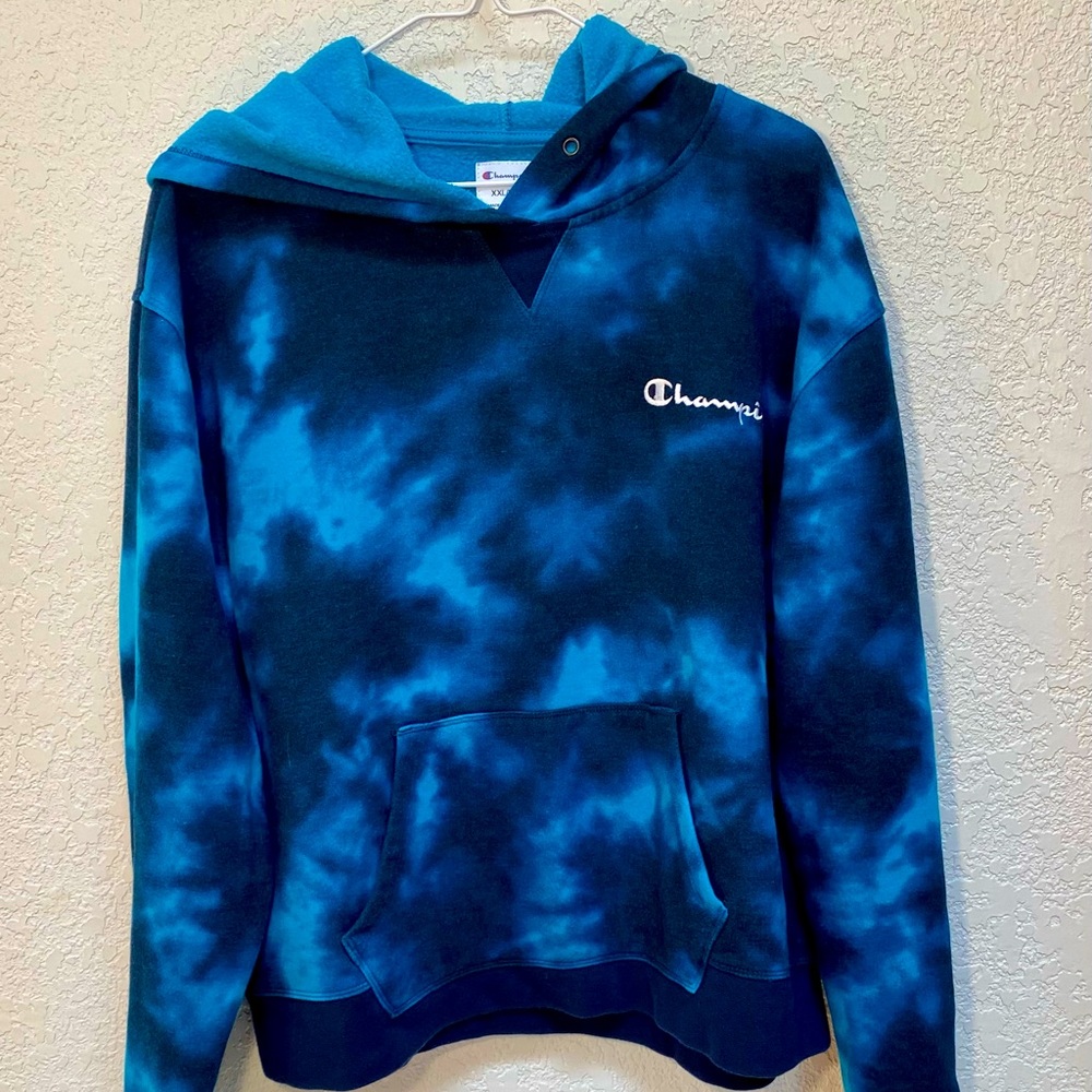 CHAMPION Hoodie Blue Sweatshirt Pullover Jumper Tie Dye Women’s Size 2XL